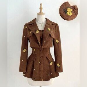 Elamini Bohemian Floral Embroidered Corduroy Texture Jacket & Mini Dress Brown S